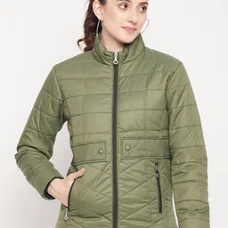 Adobe Women Olive Green Solid Full Sleeve  Lightweight Padded Jacket-picture-29