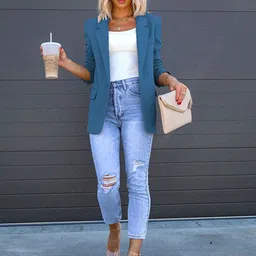 StyleCast Blue Notched Lapel Three-Quarter Open Front Blazer-picture-16