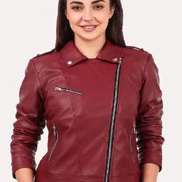 Leather Retail Women Red Crop Outdoor Biker Jacket-image-90