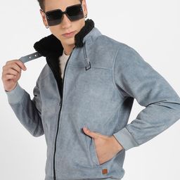 Campus Sutra Grey Mock Collar Windcheater Fleece Bomber Jacket-image-98