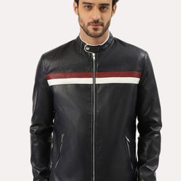 Leather Retail Men Black White Striped Outdoor Biker Jacket-image-94