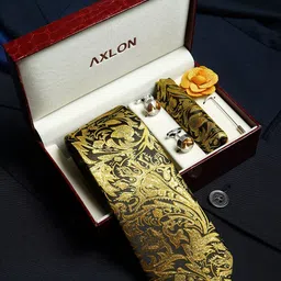 AXLON Set Of 4 Printed Necktie Pocket Square With Cufflink & Flower Pin Accessory Gift Set-18