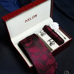 AXLON Set Of 4 Printed Necktie Pocket Square With Cufflink & Flower Pin Accessory Gift Set-15