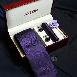 AXLON Men Printed Tie Set With Pocket Square, Cufflink & Flower Pin-27