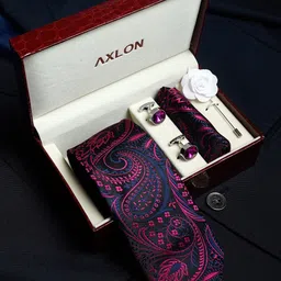 AXLON Men Printed Tie Set With Pocket Square, Cufflink & Flower Pin-34