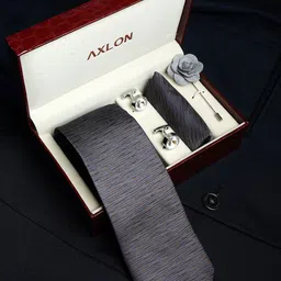 AXLON Men Geometric Design Tie Set With Pocket Square-Cufflink & Flower Pin-44