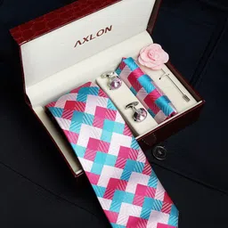 AXLON Men Geometric Design Tie Set With Pocket Square-Cufflink & Flower Pin-53
