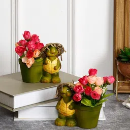 TAYHAA Green & Yellow Polyresin Straw Hat Turtle Flower Pot Showpiece-image-86