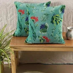 TARAN LIVING Green & Red 2 Pcs Floral Square Cotton Cushion Covers-13