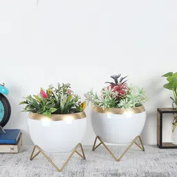 Amaya Decors Pack Of 2 Gold-Toned & White Solid Planters With Stand-28