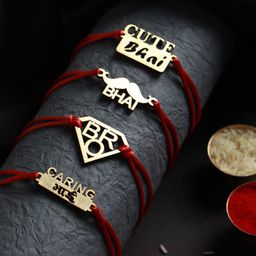 Priyaasi Set of 4 Red Wooden Thread Rakhi with Roli Chawal & Card-image-92