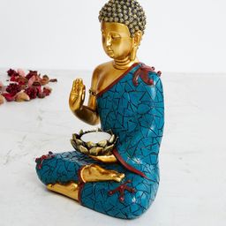 Home Centre Blue & Gold-Toned Buddha Figurine With Tea Light Holder Showpiece-image-30