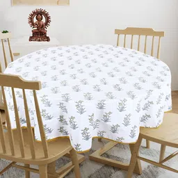 Texstylers White & Grey Floral Anti Slip Cotton Round 4 Seater Table Cover-image-20