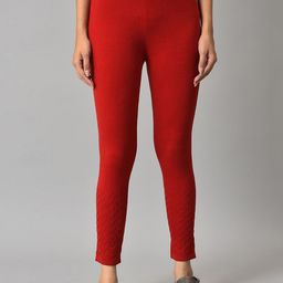 elleven Women Red Knitted Solid Ankle-Length Leggings-image-84