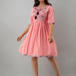 Sangria Pink Floral Embroidered Tie-Up Neck Empire Dress-image-80