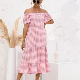 StyleCast x Revolte Pink Checked Off-Shoulder Flutter Sleeve Layered A-Line Midi Dress-1