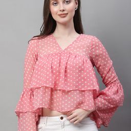 La Zoire Polka Dots Printed Bell Sleeves Layered Georgette Tiered Crop Top-image-37