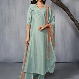 Inddus Regular Floral Thread Work Pure Silk Kurta with Trousers & Dupatta-image-11