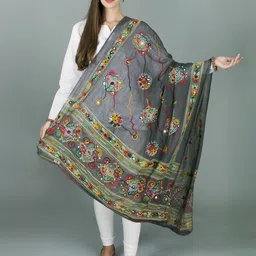 Exotic India Floral Kutch Embroidered Mirror Work Pure Cotton Dupatta-picture-11