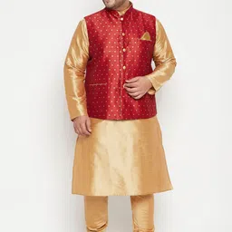 VASTRAMAY Men Gold-Coloured Regular Kurta with Pyjamas & Nehru Jacket-picture-18