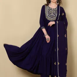 GLAM ROOTS Printed Empire Mirror Work Anarkali Kurta with Trousers & Dupatta-31