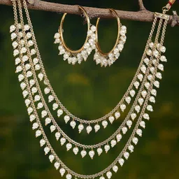 ZENEME Gold-Plated Gold Toned Brass White Pearl Drop 3 Intricate Layered Necklace Jewellery Set-4