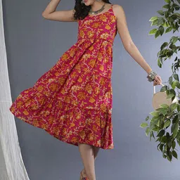 Globus Floral Printed Gathered & Tiered Pure Cotton A-Line Midi Dress-image-69
