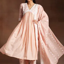 Libas Peach Ethnic Motifs Embroidered V-Neck Thread Work Pure Cotton A-Line Kurta Set-40