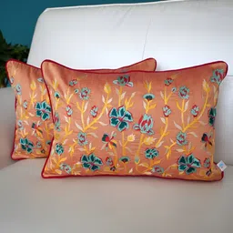 TARA- Sparkling Homes Peach-Coloured & Blue Set of 2 Embroidered Rectangle Cushion Covers-12