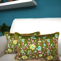TARA- Sparkling Homes Green & Pink Set of 2 Embroidered Rectangle Cushion Covers-94