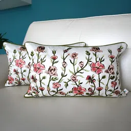 TARA- Sparkling Homes White & Pink Set of 2 Embroidered Rectangle Cushion Covers-36