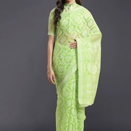 Mitera Green & Off White Floral Brasso Chanderi Saree with Matching Blouse-image-50