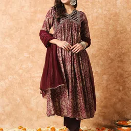 KALINI Ethnic Motifs Printed Regular Chanderi Silk A-Line Kurta With Trousers & Dupatta-8