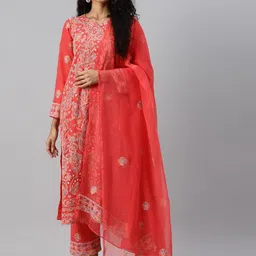 ADA Peach-Coloured & White Chikankari Hand Embroidered Unstitched Dress Material-image-7