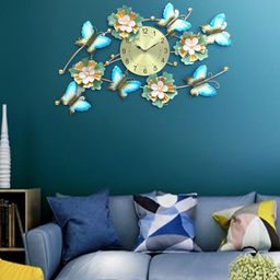 Aapno Rajasthan Gold & Blue Floral With Butterfly And Leaf Pattern Contemporary Wall Clock-1
