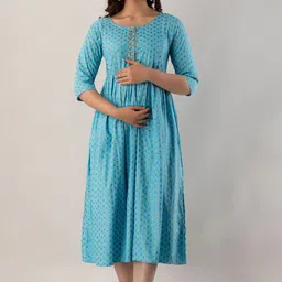 Henal Ethnic Motifs Printed Gotta Patti Cotton Maternity Fit and Flare Ethnic Dresses-picture-10