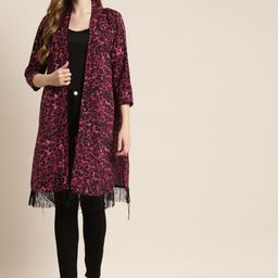 Qurvii Women Burgundy & Black Leopard Print Longline Shrug with Fringes-20