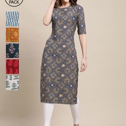 KALINI Women Pack Of 6 Coloured Geometric Printed Block Print Crepe Kurta-image-41