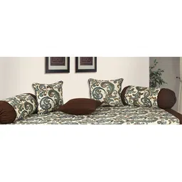 SHADES of LIFE Set Of 6 Brown Printed Woven Diwan Set With Bolsters & Cushions-44