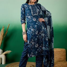 Vastramyaa Floral Printed Regular Thread Work Pure Cotton Kurta with Trouser & Dupatta-12
