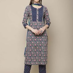 Sangria Women Navy Blue Floral Printed Pure Cotton Kurti with Trousers & With Dupatta-46