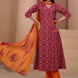 Sangria Maroon & Orange Printed V Neck Pure Cotton Angrakha Kurta With Trousers & Dupatta-45