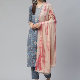 Yuris Women Blue & Peach-Coloured Printed Kurta with Trousers & Dupatta-50