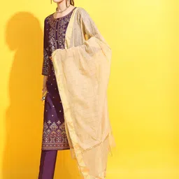 Vishudh Women Purple Ethnic Motifs Panelled Kurta with Trousers & With Dupatta-11