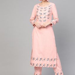 Idalia Women Pink Floral Yoke Design Layered Kurta with Trousers-image-8