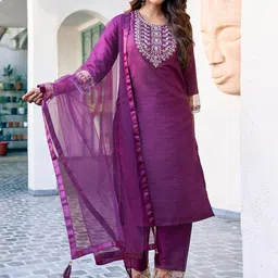 KALINI Embroidered Yoke Design Regular Sequinned Straight Kurta With Trousers & Dupatta-picture-8
