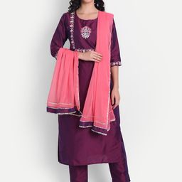 V TRADITION Women Purple Layered Thread Work Kurti with Trousers & With Dupatta-image-34