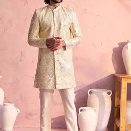 SHRESTHA BY VASTRAMAY Embellished Sequinned Mandarin Collar Sherwani Set-image-22