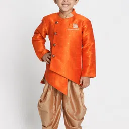 VASTRAMAY Boys Orange and Rose Gold Toned Self Design Sherwani and Dhoti Set-0