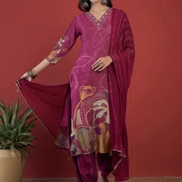 Anouk Floral Printed Embroidered Chanderi Silk Kurta With Salwar & Dupatta-picture-2